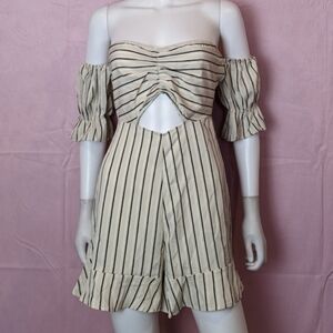 Boohoo Neutral Tone Striped Off Shoulder Ruffle Hem Cut Out Front Romper size 8